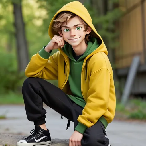 Prompt: Teenage boy. Has light brown hair and green eyes. He smiles kindly.
He wears a yellow shirt. He wears a black hoodie with a green hood. He also wears black knee-length cargo pants and black sneakers with white soles and laces.