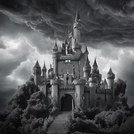 Prompt: huge castle dark sky grey 