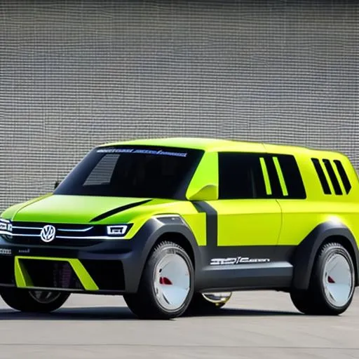 Prompt: Specced out rally version of the vw transporter, with a v12 in the back, with an enormous and complicated tear wing