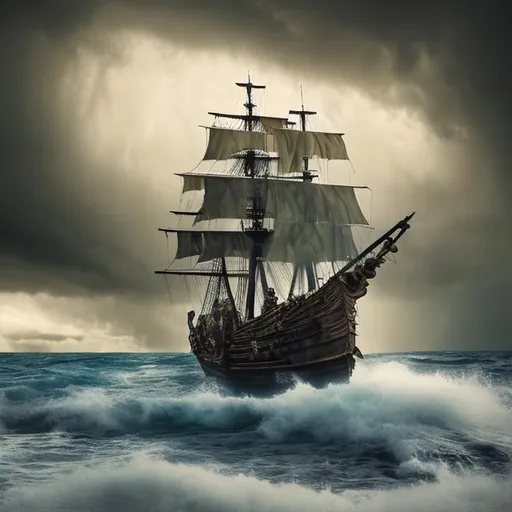 Prompt: pirate ship, storm, sea