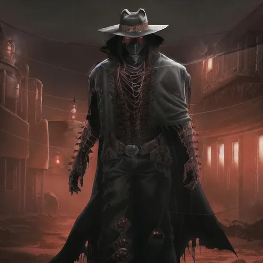 Prompt: Cyber Cowboy with 4 Arms, fiery red Poncho, Dressed in black duster and Stetson Cowboy Hat, with Red eyes, Haunting Presence, Intricately Detailed, Hyperdetailed, Desert Wild West Landscape, Dusty Midnight Lighting, Wild West Feel