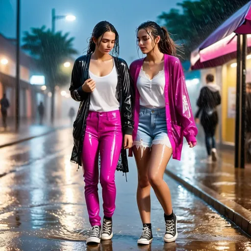 Prompt: photo of young woman, soaking wet clothes, converse , shiny long magenta jeans glistening wet soaked transparent, long sleeve lace cocktale dress cleavage soaked cardigan transparent,  , two students standing in rain storm soaking wet on street splash,   enjoying, water dripping from clothes, clothes stuck to body,  detailed textures of the wet fabric, wet face, wet plastered hair,  wet, drenched, professional, high-quality details, full body view , at night