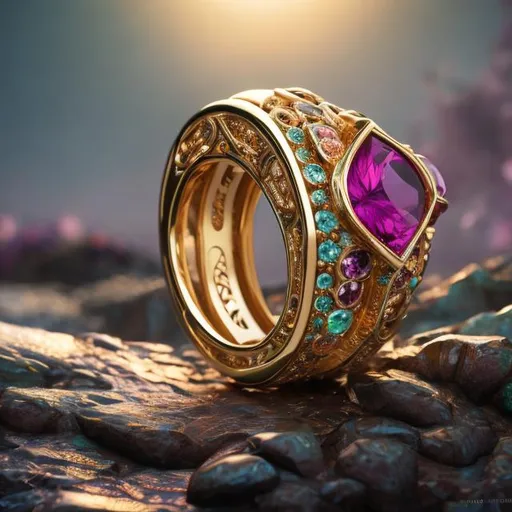 Prompt: fantasy  ring  with gemstones , luxury, closeup, product view, trending on artstation, cgsociety, ultra quality, digital art, exquisite hyper details, 4k, Soft illumination, dreamy, fashion, rendering by unreal engine