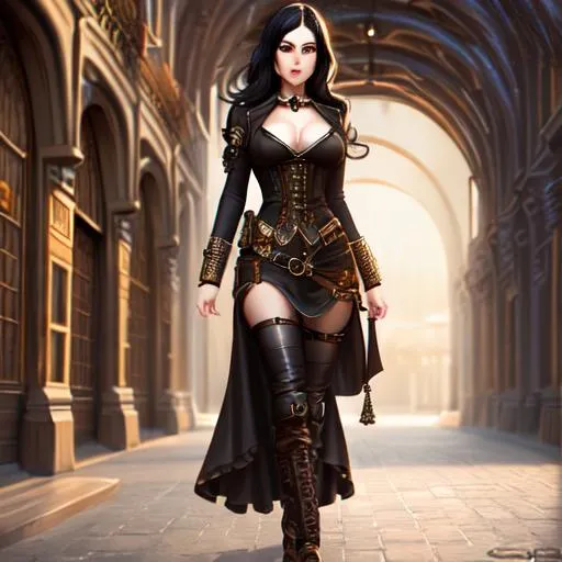 Prompt: full body, realistic detailed image of a woman in steampunk style outfit, perfect body, beautiful face, feminine features, black hair, pale skin, full body, highly detailed, digital painting, HD 