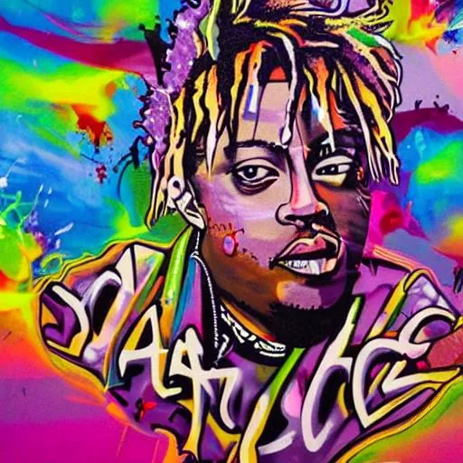 Prompt: Juice WRLD
graffiti art, splash art, street art, spray paint, oil gouache melting, acrylic, high contrast, colorful polychromatic, ultra detailed, ultra quality, 