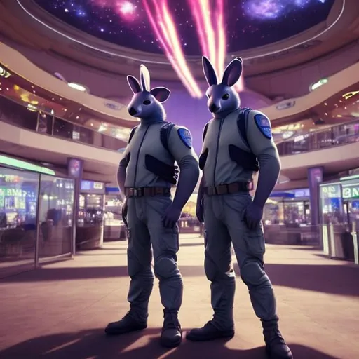 Prompt: Wallaby security guards in a busy alien mall, widescreen, infinity vanishing point, galaxy background, surprise easter egg