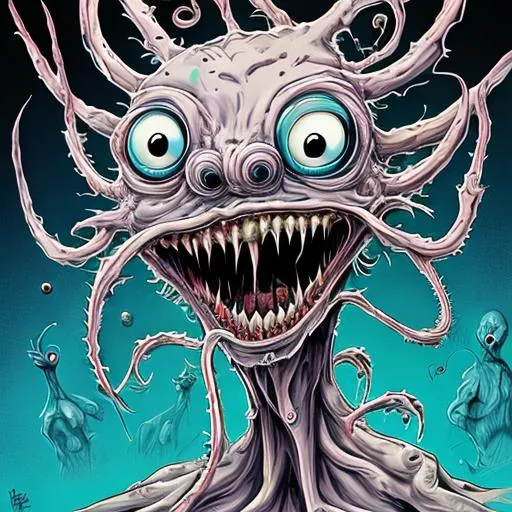 Prompt: Weird creatures in the style of Alex Pardee 