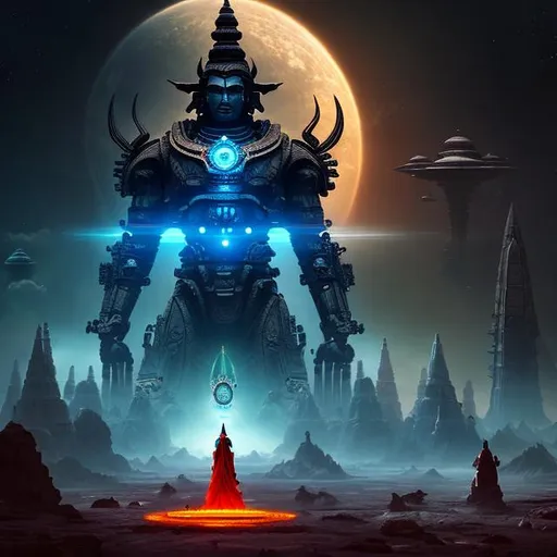 Prompt: Outer space, spacecraft, spaceship, robot, Hindu god, shiva, lord shiva, Hinduism biological, mechanical, robotic, giant, futuristic, dystopian, apocalyptic dark fantasy art style, painting, evil, alien, sci-fi art style, monument, temple, worship, sacrifice 