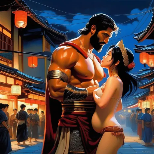 Prompt: King Leonidas impregnating Japanese girl, pale skin, black hair, brown eyes, Tokyo at night, blue atmosphere, cartoony style, extremely detailed painting by Greg Rutkowski and by Henry Justice Ford and by Steve Henderson 

