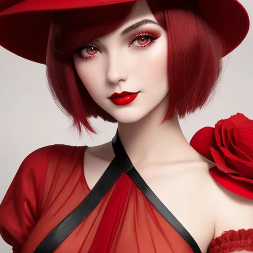 Prompt: a pretty girl  dressed in red, wearing a  large red hat 1920's era, bob hair cut, 1920's era makeup, facial closeup