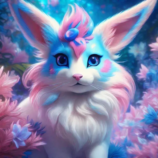 Prompt: (blue Sylveon), realistic, photograph, fantasy, epic oil painting, (hyper real), furry, (hyper detailed), extremely beautiful, (on back), playful, UHD, studio lighting, best quality, professional, ray tracing, 8k eyes, 8k, highly detailed, highly detailed fur, hyper realistic thick fur, canine quadruped, (high quality fur), fluffy, fuzzy, full body shot, hyper detailed eyes, perfect composition, hyper realistic depth, ray tracing, vector art, masterpiece, trending, instagram, artstation, deviantart, best art, best photograph, unreal engine, high octane, cute, adorable smile, lying on back, flipped on back, lazy, peaceful, (highly detailed background), vivid, vibrant, intricate facial detail, incredibly sharp detailed eyes, incredibly realistic scarlet fur, concept art, anne stokes, yuino chiri, character reveal, extremely detailed fur, sapphire sky, complementary colors, golden ratio, rich shading, vivid colors, high saturation colors, nintendo, pokemon, silver light beams