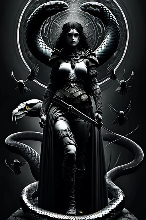 Prompt: dark god women with snake and crows, realism, cinematic, dark-fantasy, detailed, dark shades of gray interspersed with red