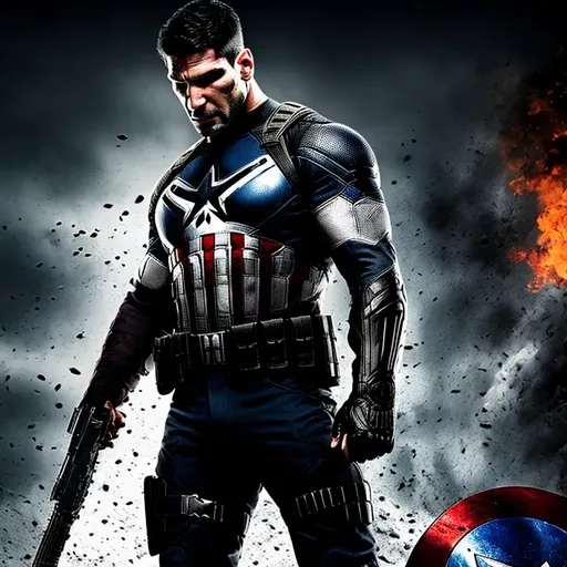 Prompt: High-resolution hyperrealistic photo of {{the punisher}} [[frank castle]] merged with captain america {{steve rogers}}, skull logo, black and crimson and grey costume, uhd, hdr, 64k