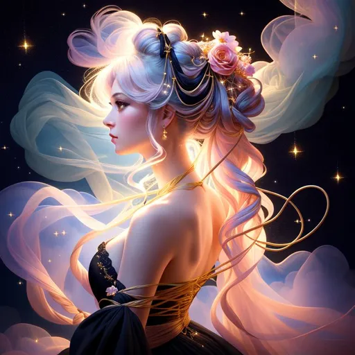 Prompt: profile painting of a beautiful girl, style of Fragonard and Yoshitaka Amano (pastel hair), shibari, ropes, myriad stars, clouds (intricate black gown), 
arms showing, legs showing, flowers, delicate, fireflies, soft, ethereal, luminous, glowing, dark contrast, celestial, ribbons, trails of light, 3D lighting, soft light, vaporwave