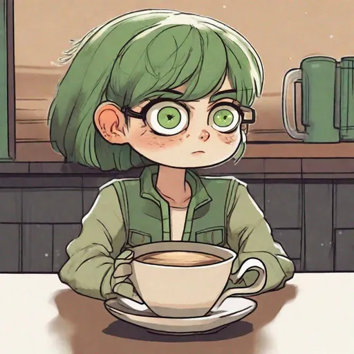 Prompt: Hand-drawn, androgynous humanoid with big green eyes, round body, standing next to a coffee mug, very small, two inches tall, borrower, charming, detailed eyes, coffee, cute, hand-drawn, high quality, charming, warm lighting