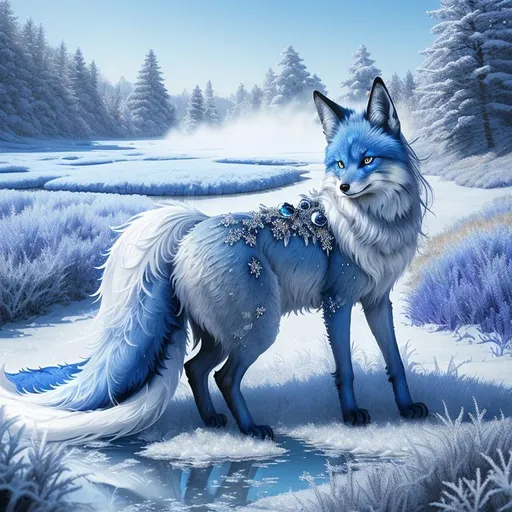 Prompt: masterpiece, professional oil painting, epic digital art, best quality, highly detailed, extremely beautiful blue vixen ((fox)), (canine quadruped), female, adolescent, ice elemental, deep royal blue fur covered in frost, (bashful hypnotic sapphire blue eyes), 8k eyes, sprawled on frosted field, insanely beautiful, gorgeous billowing silver mane covered in frost, (plump:2), brightly glistening fur, thick silky glistening mane, by Anne Stokes, by Yuino Chiri, professional, mid close up, detailed smiling face, finely detailed fur, hyper detailed fur, (soft silky insanely detailed fur), moonlight beaming through clouds, grassy field covered in frost, fluffy fox ears, highly detailed mouth, cool colors, beaming sun, professional, symmetric, golden ratio, unreal engine, depth, volumetric lighting, rich oil medium, (brilliant auroras), (ice storm), full body focus, beautifully detailed background, highly detailed defined furry legs, cinematic, 64K, UHD, intricate detail, high quality, high detail, masterpiece, intricate facial detail, high quality, detailed face, intricate quality, intricate eye detail, highly detailed, high resolution scan, intricate detailed, highly detailed face, very detailed, high resolution