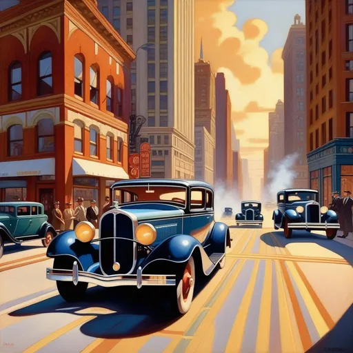 Prompt: 1930s, Chicago, car chase, sunny weather, warm atmosphere, cartoony style, extremely detailed painting by Greg Rutkowski and by Henry Justice Ford and by Steve Henderson