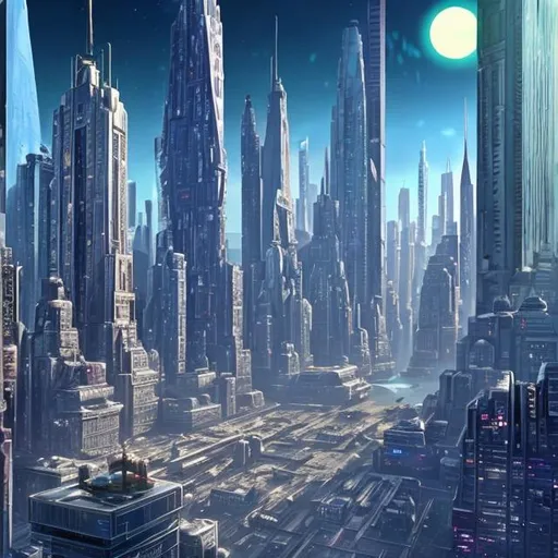 Prompt: Coruscant in futuristic New York with lot of pine tree 