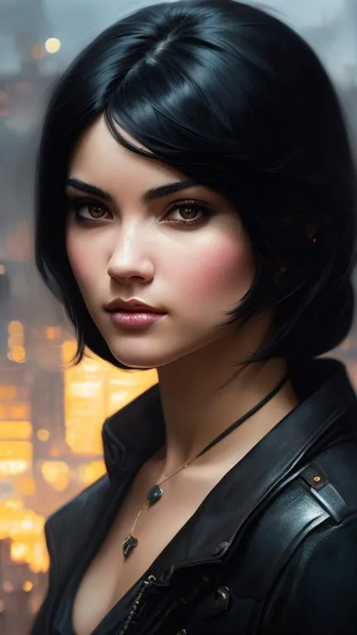 Prompt: Portrait of an human female thief with black hair and with cute face, perfect composition, hyperrealistic, super detailed, 8k, high quality, trending art, trending on artstation, sharp focus, studio photo, intricate details, highly detailed, by greg rutkowski