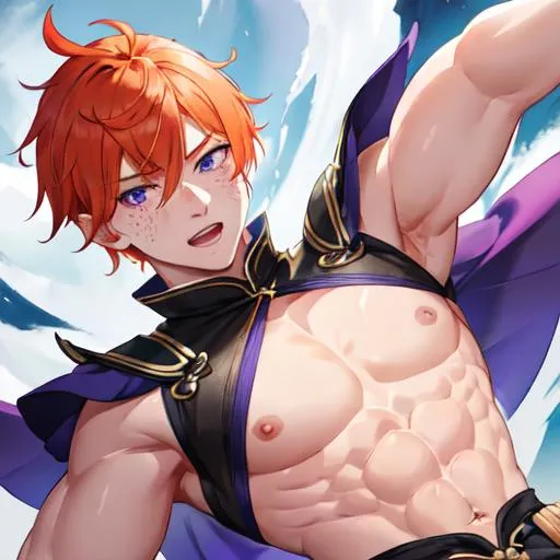 Prompt: Erikku male (short ginger hair, freckles, right eye blue left eye purple) muscular, UHD, 8K, Highly detailed, insane detail, best quality, high quality. wearing a skirt, wearing thigh highs