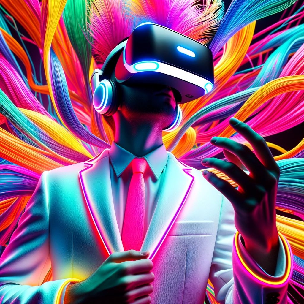 Prompt: Photo of a person in a neon virtual reality suit and white shirt dancing, showcasing a vibrant color palette with stark contrasts between light and dark regions.