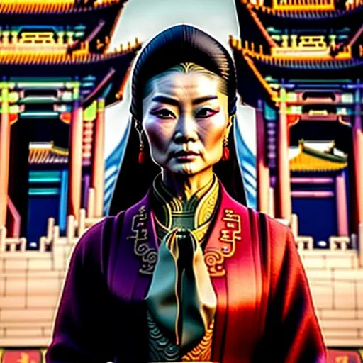 Prompt: A captivating image emerges - an Asian woman donning a unique fusion of Eastern and Western attire. Her long necktie adds a touch of formality, while her overcoat robe makes her outfit look like a business suit. She radiates strength, resembling a modern-day terra cotta warrior. The scene is set amidst the backdrop of domed Chinese buildings, evoking a realistic and picturesque landscape. The photograph captures the essence of this intriguing blend, inviting viewers to delve deeper into the fusion of cultures.