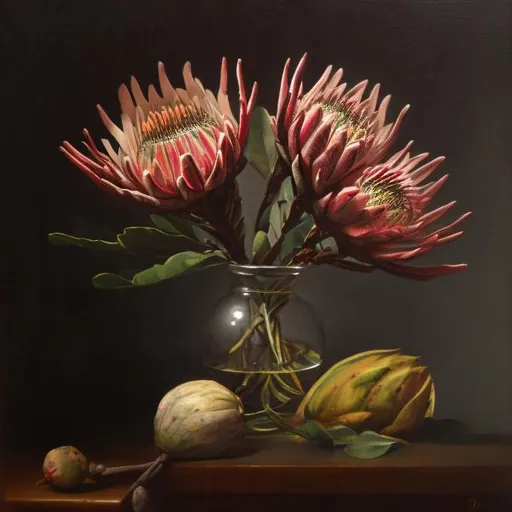 Prompt: A moody still life with a protea in a vase done in the style of a loose oil painting 