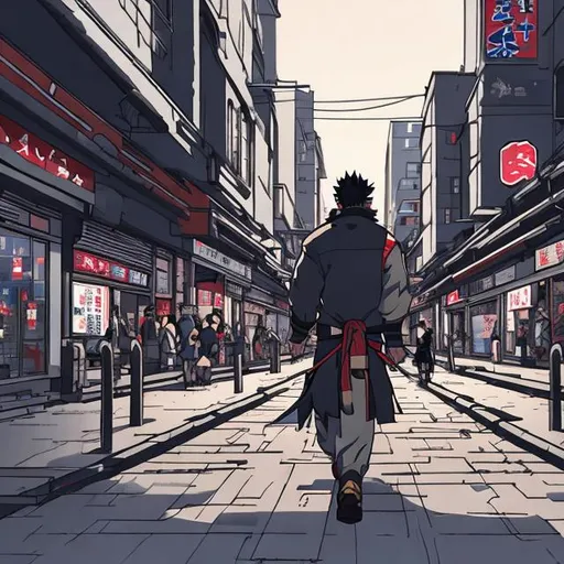 Prompt: musashi walking alone in a busy street of a urban city 