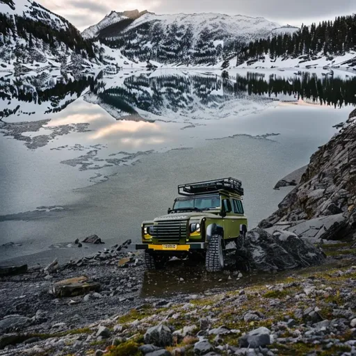 Prompt: land rover defender in olive green, soft lighting, on ice lake, with snow falling