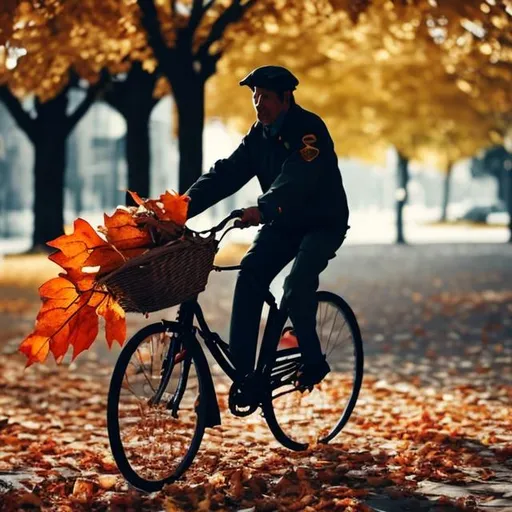 Prompt: A postman riding a bicycle very fast, the wind blows back his bag with letters, picks up fallen leaves of trees, many letters, one letter the postman holds in his outstretched hand