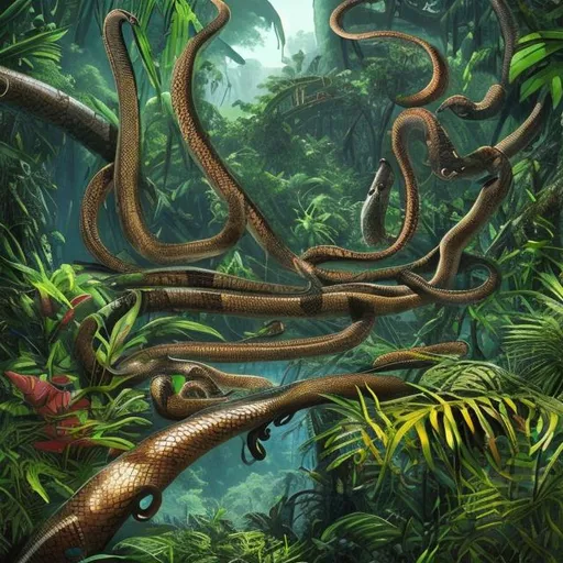 Prompt: dense jungle, squid, anaconda, tree