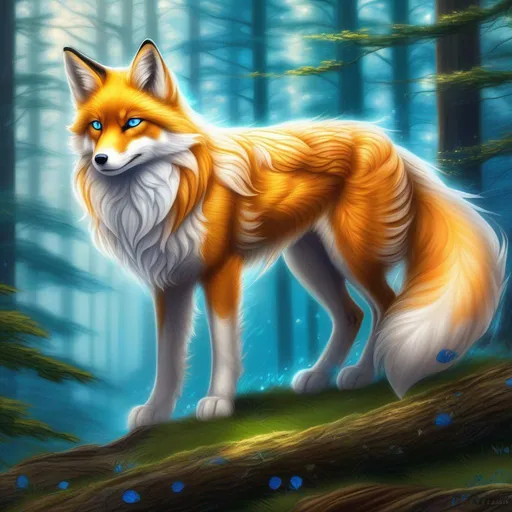 Prompt: (masterpiece, 2D, ultra detailed, epic digital art, professional illustration, fine colored pencil), Adolescent runt ((kitsune)), (canine quadruped), nine-tailed fox, dreamy blue eyes, fuzzy {gold-white} pelt, pointy brown ears, in a large forested clearing, trees tower above her, misty rain, clear puddles on floor, the forest lights up against twilight, possesses ice, timid, curious, cautious, nervous, alert, expressive bashful gaze, slender, scrawny, fluffy mane, {frost} on face, dynamic perspective, frost on fur, fur is frosted, sparkling ice crystals in sky, sparkling ice crystals on fur, sparkling rain falling, frost on leaves, dreamy, melodic, highly detailed character, petite body, large ears, full body focus, perfect composition, trending art, 64K, 3D, illustration, professional, studio quality, UHD, HDR, vibrant colors