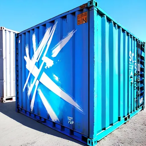 Prompt: A large shipping container, painted in a vibrant blue and white color scheme, is illuminated under bright sunshine. The container has multiple doors open and several ADR8 USA logos printed across it. In the background are more blue-and-white containers stacked together, with an array of other colorful containers scattered throughout the image. Artistic style notes: Realistic, bright colors, vivid detail. 