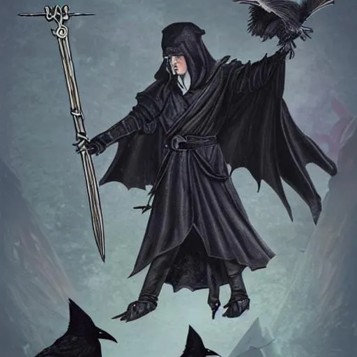 Prompt: A dungeons and dragons human character, follower of the Raven Queen, dressed with black robes, yielding a scythe and with a ravens on the background