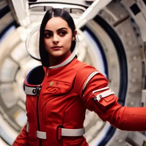 Prompt: Camila Mendes dressed in futuristic clothing on a space station. 