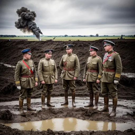 Prompt: Gloomy picture of three tired, dirty WW1 British soldiers standing around the human remains of killed German soldiers who are half buried in mud while in the distance dozens of artillery shells explode sending plumes of smoke into the air
