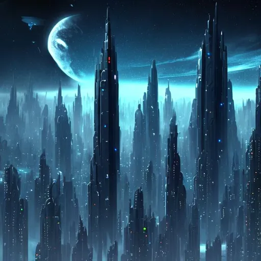 Prompt: Futuristic Tall black towers on deep dark ocean dark sky spaceships night lights hover ships dark tall city lots and lots of small floating ships hovering above clouds big planet with rings closeby spaceships hovering super tall mega skyscraper