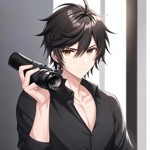 Prompt: Caleb 1male. Sleek black hair, stern and lively brown eyes. Wearing a cool and casual, relaxed fit with a trendy design. UHD. As a Photographer, holding a camera