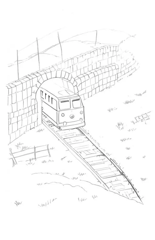 Prompt: a painting with bright colors of a train going outside of a tunnel, saffron fields, hop fields, in a comic book