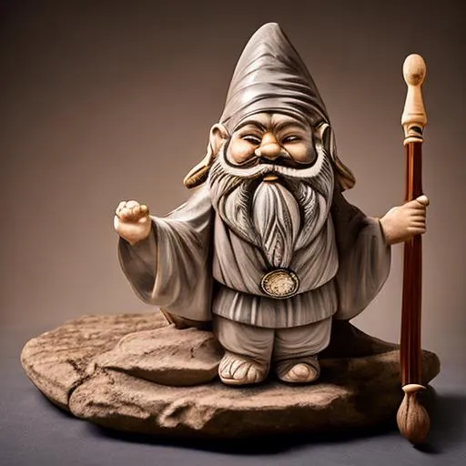 Prompt: prehistoric stone figurine of a gnome holding a staff, intricately detailed museum quality archaeological specimen, studio lighting