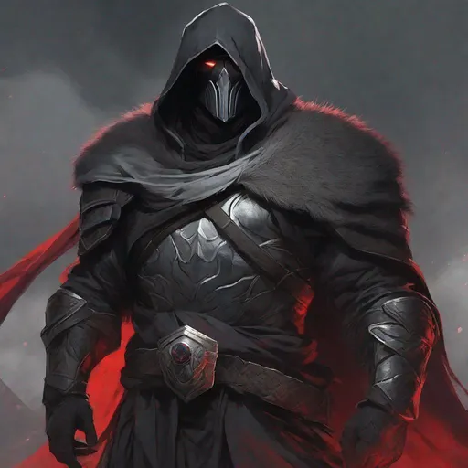 Prompt: Tall, Intimidating, Large, male, Solomon Grundy/goliath D&D build, black hair,  very dark grey scarred skin, covered in bandages, dark tattered cloth armor exposes his midriff, hood of magical darkness mask like Xûr, Agent of the Nine in destiny, large red gem between pecs in chest, Path of the Zealot Barbarian, Strong, wielding large two-handed great-axe, Fantasy setting, D&D, Dead clerics around him, undead, zombie