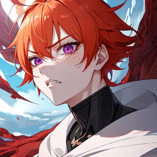 Prompt: Erikku male adult (short ginger hair, freckles, right eye blue left eye purple) UHD, 8K, Highly detailed, insane detail, best quality, high quality,  anime style, in purgatory, angry, fighting, covered in blood