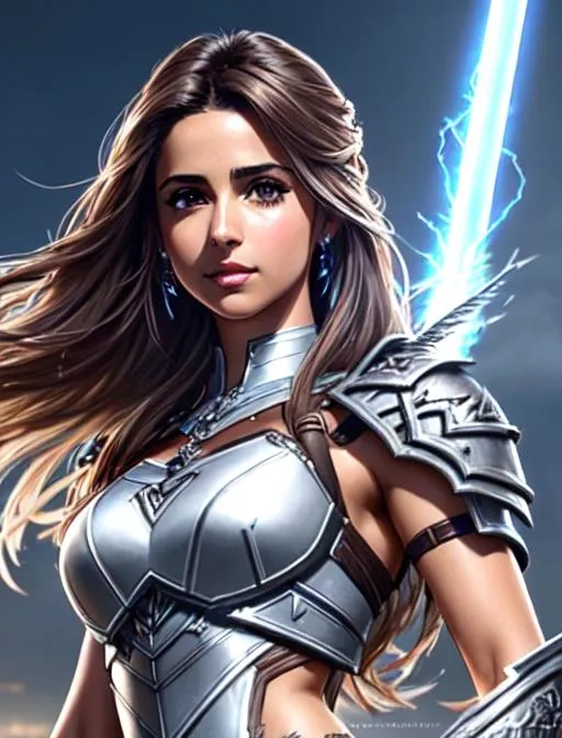 Prompt:  Naomi Scott struck by realistic lightning, sword, sleeveless, brown hair, brown eyes, wearing white demon knight armor from FFXIV,, ethereal, happy, jewelry set balayage wild hair, royal vibe, highly detailed,realistic lightning highly detailed face, digital painting, Trending on artstation , HD quality, tan skin,artgerm,  by Ilya Kuvshinov 