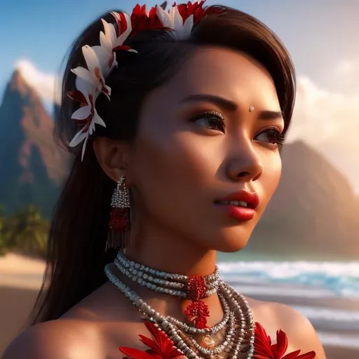 Prompt: HD 4k 3D professional modeling photo hyper realistic beautiful enchanting hawaiian woman dark hair brown skin brown eyes gorgeous face traditional red and white dress and jewelry nature magical beach and mountains landscape hd background ethereal mystical mysterious beauty full body