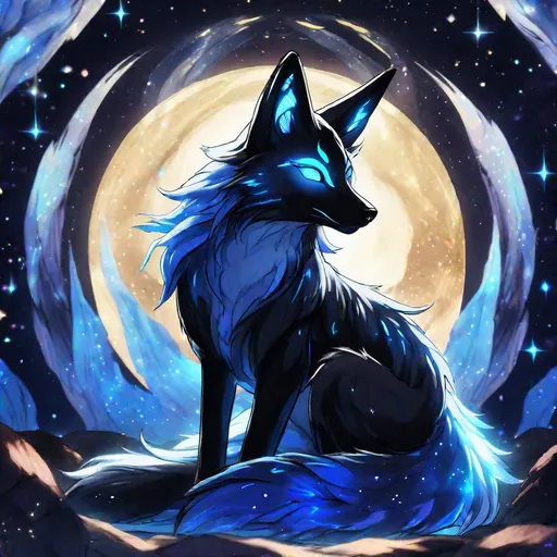 Prompt: portrait of A translucent kyūbi no kitsune that is glowing, black and blue fur, nebula, glitter, in the den, beneath the stars, bioluminescent, highres, best quality, concept art