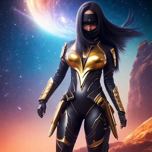 Prompt: create photograph of beautiful female ninja who is wearing bright gold futuristic ninja suit,  night time and beautiful sky  space and planets an nebulae in sky highly detailed, detailed face, extremely detailed environment, extremely detailed background, extremely detailed skin, extremely detailed clothing, natural colors , professionally color graded, photorealism, 8k, realistic, moody lighting, galactic environment, volumetric lighting