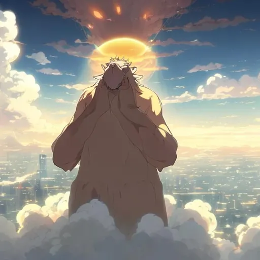 Prompt: Good looking Giant Capybara God looking down From a Cloud on a Big City in an Anime style