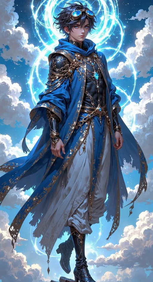 Prompt: ((tall teen man)) as a ((magical scout)) with ((masculine short brown hair)) hair flowing up, facial hair none, sky blue eyes, dressed in ornate sky blue layered textured revealing scout clothing, he wears a giant oversize cloak, he wears aviation goggles, left hand holding ((goggles)). he is flying in the air. wearing ((goggles))

white skies, high contrast lighting, ((wide length camera)), long distance , long shot, left side angle, wide depth of field. film grain, film textures. 

Overall feeling of fate. The background is a high detailed sky clouds in the air, exploding with magic. air flowing behind him, trail of magic behind him. he is flying on an angle. cloak flowing in the air. ((aviator goggles))