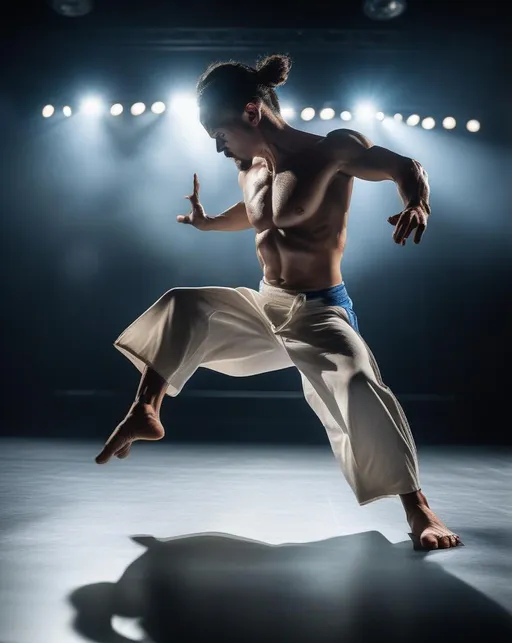 Prompt: A powerful athlete captured mid-kick, body arched back, muscles tensed, performing an athletic capoeira move. Bright stage lighting spotlights the dancer executing the dynamic pose against a dark background. Photographed from a low angle perspective with a 24-70mm lens on a Canon 5D Mk IV to emphasize the height and strength of the kick. Conveys beauty, control, and discipline.