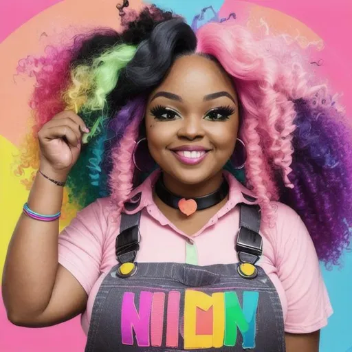 Prompt: happy, cute plump black woman with very long, curly neon pink hair and pink eyes wearing rainbow overalls and a collar